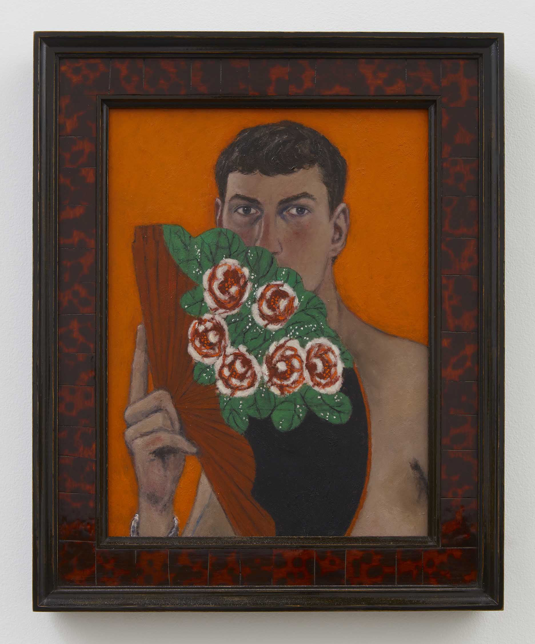 Max Jahn, <i>Self with Fan</i>, 2025. Oil on copper in artist's frame, 20 1/4 x 16 3/8 x 1 3/4 in (51.5 x 41.5 x 4.5 cm)